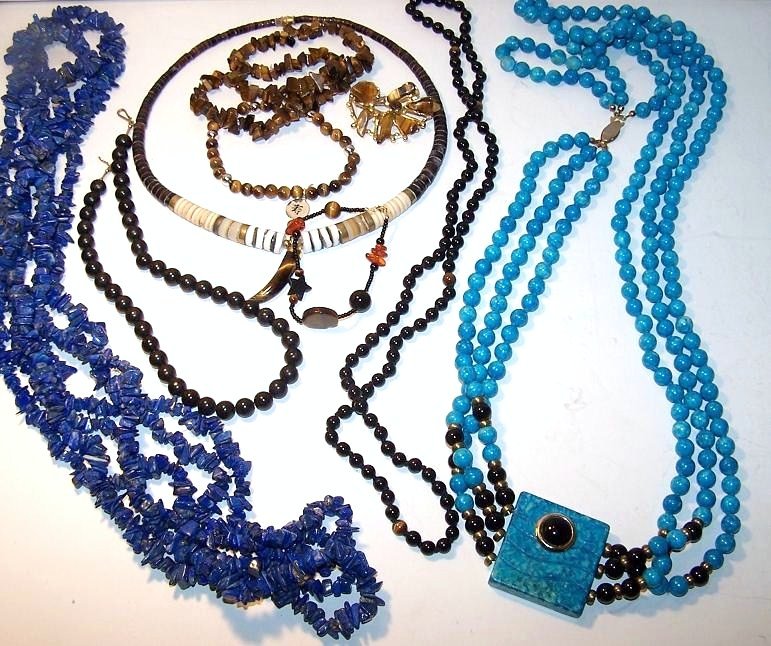 Semi Precious Bead Jewelry Lot: 4 Bracelets, 1 pin, 7 necklaces. Tigers eye, lapis, onyx and turquoise bead jewelry