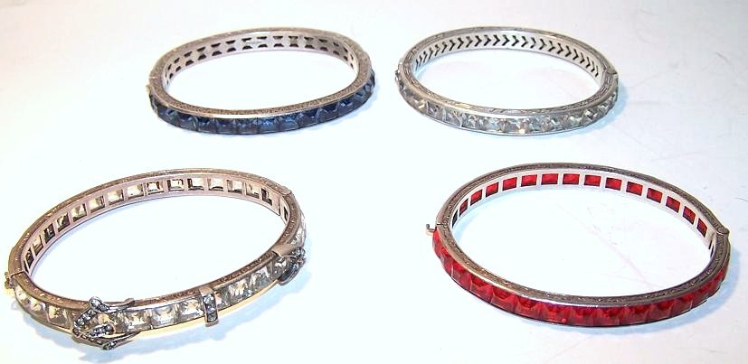 Sterling Rhinestone Bangle Bracelets: 3 Signed Sterling, lot of 4 bangles with Rhinestones or paste stones