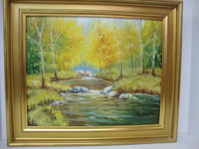 Olga Borreda': Olga Borreda' Landscape with stream, oil on canvas 11 1/4 x 14 1/2 in signed botom right Olga Borreda'