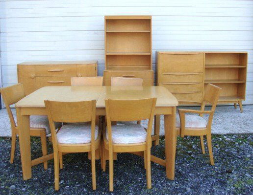 Haywood Wakefield Table and Chairs: Haywood Wakefield Table and Chairs, Table, 6 chairs, Server, Buffet, Two piece cabinet: Table 29" t, 41" w x 60" L, Sic chairs, : one arm, fi single 22" t, Desk/Bookcase 42" r, 59" w, 13" deep, Tag on