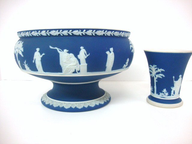 Wedgewood Bowl and Vase: deep blue wedgewood Jasperware console bowl and vasae. Wedgewood England mark. Bowl 5 1/2" h 9" diameter, vase 4 1/8" h.