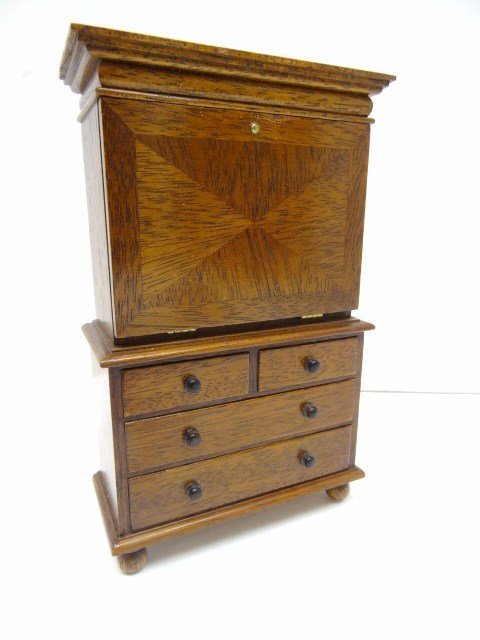 Jack Kemp Secretaire: George IV mahogany secretaire with parquetry hinged drop front, elaborately detailed interior with pigeonholes and multiple drawers. Lower chest features dovetailed drawers and handsome ebonized knobs