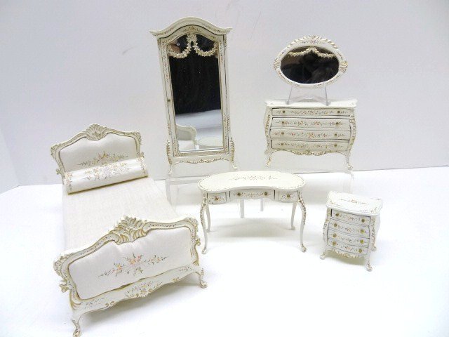 Bespaq Painted Bedroom Suite: A set of delicately hand-painted bedroom furniture comprising a bed with upholstered head and footboards 7" L and 4" W, armoire, chest, nightstand, dressing table with separate mirror.