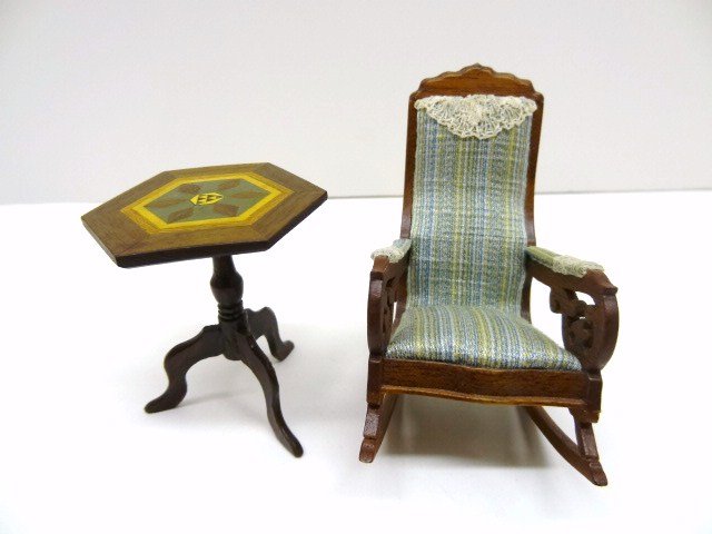 Nic Nichols Lincoln Rocker: An upholstered mahogany rocking chair with striped silk upholstery, LE #28 of 100, 3.5" H, also a marquetry tripod table signed E 80.