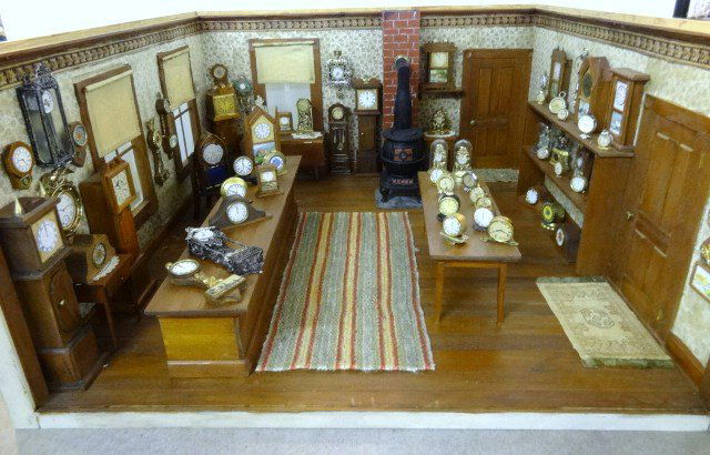 Alice Steele Clock Shop: Over sixty vintage and antique clocks furnish this spacious shop and include pieces by Mell Prescott, Chestnut Hill Studio, Babette Schweizer and clocks improvised by Mrs. Steele from old watches. She