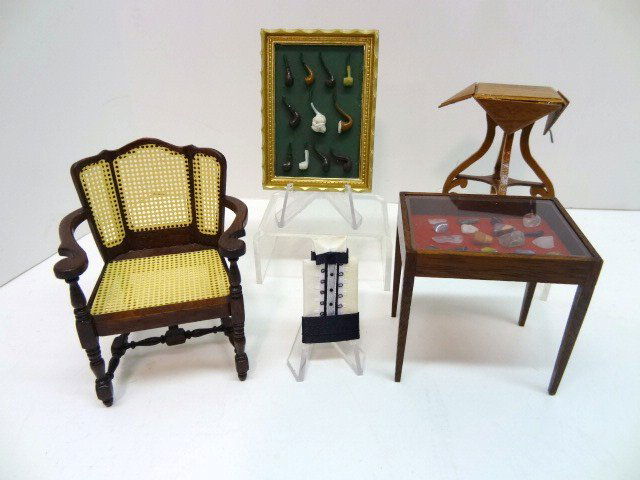 Turner Table and Chair: A mahogany drop leaf table 2.5" H and a handsome caned chair, both signed J. Turner, an imported case of rock specimens, a framed collection of smoking pipes and a dress shirt with cummerbund.