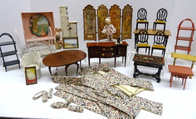 Artisan Furniture Lot: A large lot of handcrafted furnishings including a serpentine front Hepplewhite sideboard made in Taiwan for Joe Andrews 3.5" H, 5.5" L, a Joanna Scarboro chimney cupboard, Robert Bernhard wicker porc