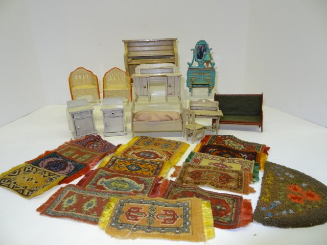 Gottschalk Furniture: Generous assortment of vintage German furniture including Gottschalk bed 4" L, Gottschalk table, chair, settee, German painted wood piano, desk and two nightstands, Schreiter porch furniture and some 