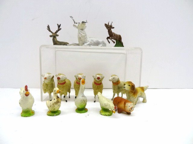 Cast Iron Reindeer and Wool Sheep: Five German Putz sheep and three cast iron reindeer, ducks, pig, dog. 2.5" tallest.