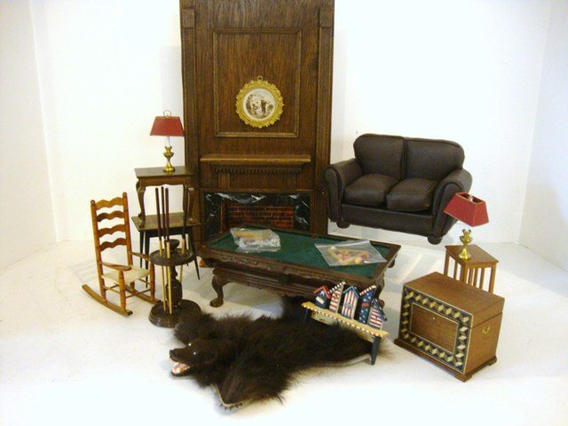 The Pool Room, Bespaq and Artisan Furniture: Lorraine Scuderi wooden painted fireplace dated 10/17/77 11.5" H with several painted checkerboard tables, Bespaq Victorian billiards table and cue rack, and inlaid chest, great bear rug with glass ey