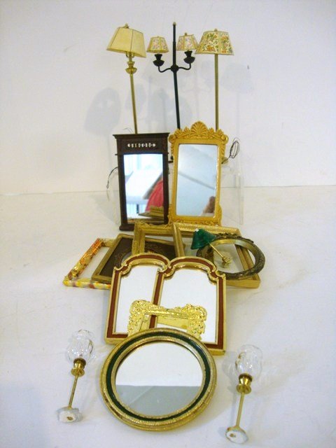 Lamps and Mirrors: Assortment of contemporary floor lamps, fancy mirrors, and frames. Some Bespaq items, sixteen pieces total. Tallest 5" H.