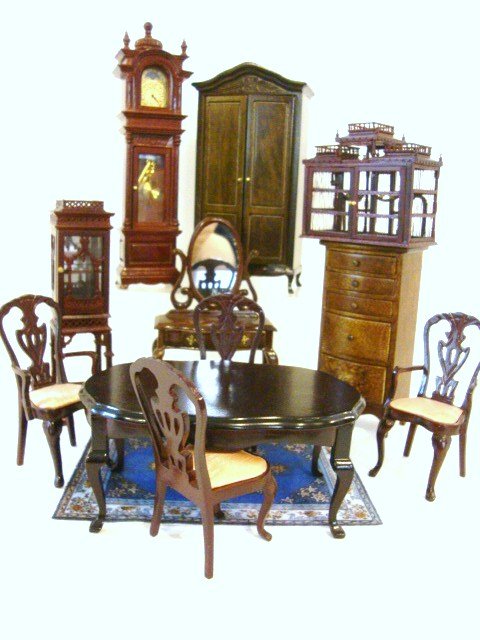 Bespaq Dining Furniture and Other Items: Bespaq tall chippendale style curio cabinet and elaborate birdcage (missing stand), a dressing table, armoire, classic dining table and chairs, tall case clock 7 3/8" H, printed carpet. Eleven pieces