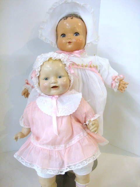 Effanbee Sweetie Pie & Horsman Dimples Compostion Dolls: Effanbee 30" Sweetie Pie, with Flity Eyes, she is redressed, and has been cleaned. Horsman 17" Dimples all original tagged dress, has new ribbons on dress , compositon is is very nice condition.