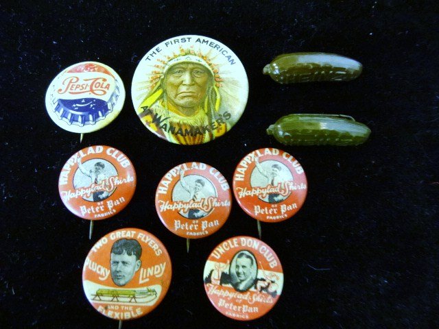 Group Advertising Pins and Buttons: John Wanamaker, Indian, Pepsi-cola, Lindy Sled, etc.