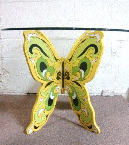 Peter Max Butterfly Table: Painted wood & glass butterfly table, bright airy colors, a circa 1970 true example of Peter Max style w/circular glass top, 29 in. (t), 37 in. (w), base 28 ½ in. (t), 29 in. (w)