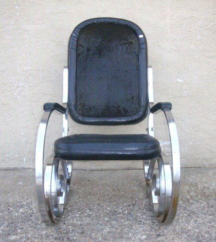Mid-century Chrome and Leather Rocking Chair: Maison Jansen Rocking Chair in black, 41 (t), 22 ¾ (w), 13 (l)