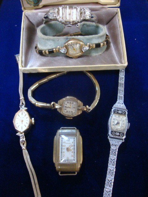 Vintage Ladies Watches, Bulova: Five vintage ladies watches Bulova Benrus, Bulova 10k RGP, Elbon, Elgin 10k RGP, & one man's Miami watch