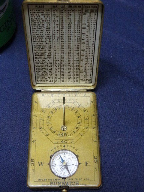 Ansonia Sunwatch: Sunwatch Pocket Sundial compass manufactured by the Ansonia Watch Co., location calculator on inner plate w/working compass & sundial circa 1910
