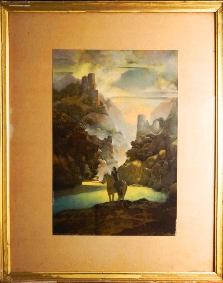 Maxfiled Parrish Aucassin Seeks for Nicolette Lithograp: Maxfield Parrish (American 1870-1966) "Aucassin Seeks for Nicolette" lithograph, 16 7/8 x 11 3/8 signed in pencil on the matte Maxfield Parrish M.P. 1903, the Grigard Litho. Co. bottom right, Copyrigh