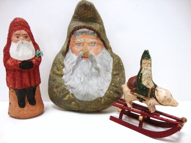 Vintage Santa Items: Paper Mache Santa face , paper Belschnickle , paper Mache Santa on pig & wooden sleigh, Santa face largest 7 in.