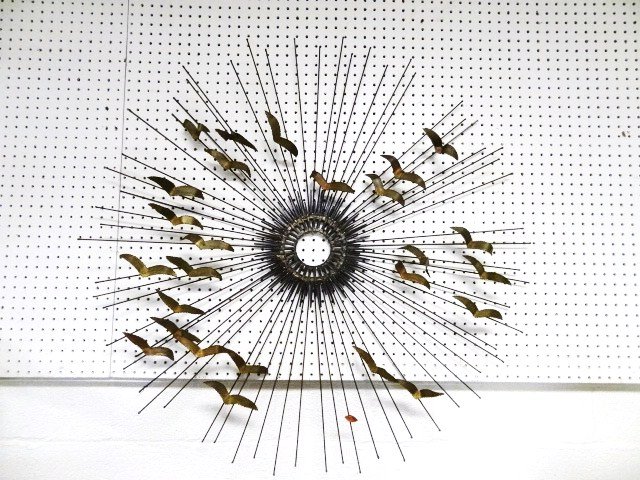 Willem deGroot Sunburst Sculpture: Willem deGroot (20th century) wire sculpture sunburst w/birds, brass metal tag deGroot, 42 in. (di.)