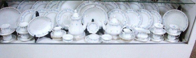 Royal Albert Memory Lane Dinner Set: Royal Albert Memory Lane Dinner set includes 1 large platter, 1 small platter, 10 plates, 1 small plate, 4 large bowls, 16 cake plates (8 large, 8 small), cheese plate, tea pot, coffee pot, 2 creamers