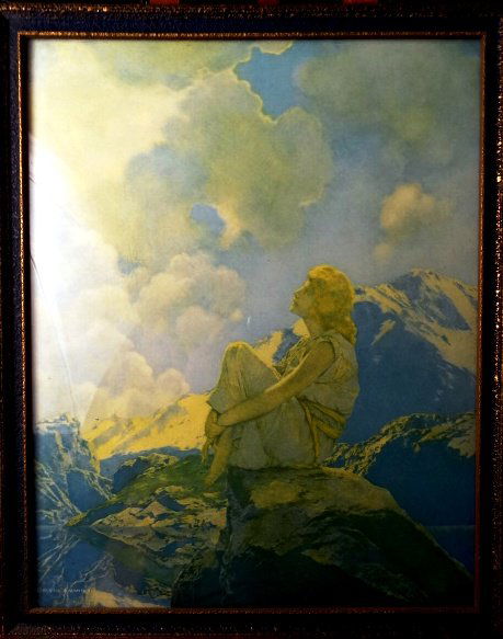 Maxfield Parrish "Morning": Maxfield Parrish print Reinthal & Newman Copyright bottom left. Original Reinthal & Newman Tag verso. 14 1/2" x 11 1/2" "image size" 16" x 13" overall.
