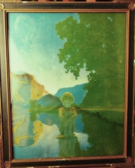 Maxfield Parrish "Evening": Maxfield Parrish "Evening" print in original frame. Reinthal & Newman copyright bottom left. 14 1/2" x 11 1/2" image size, 17" x 14" overall.