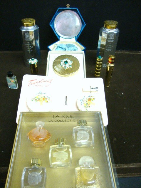 Vintage Compacts & Lalique Perfume Bottles: Ladies compacts, Mini Lalique Perfume Bottles, Vintage Powder puff in ob, Houbigant on original card, Yardley Talc, Helene Rubinstein Rhinestone compact w/ lipstick both in original boxes, Guerlain Pa