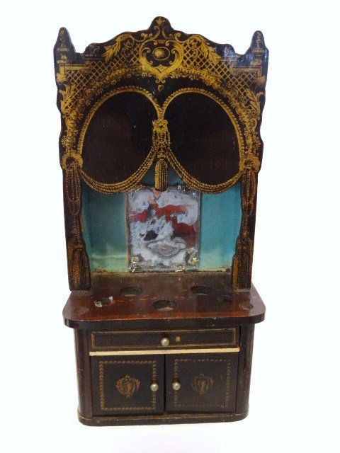 Antique Boulle Dressing Table: Rare antique German canopied dressing table with overall ebony finish, faux rosewood tabletop, and gilt transfer decoration. Hard-to find piece, top has circular holes for accessories, missing curtain