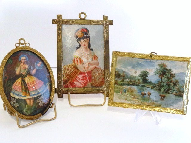 Three Antique Framed Miniature Pictures: A German litho landscape in Art Deco brass frame 2.5" H, 3.5" W, a Victorian Venus posed with conch shells in an unusual frame and a charming Flora with tartan sash in an oval frame, all old and appro
