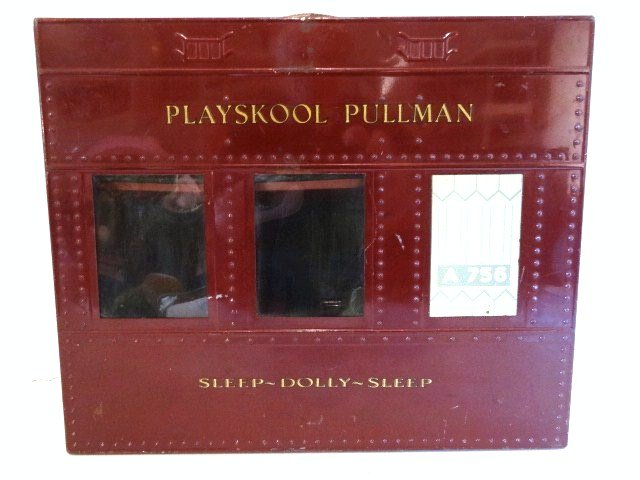 Playskool Pullman Car Case: Steel Pullman car in carrying case with upper berth and dining accommodations below. All original except for replaced leather handle. 9.5" H, 11.5" W, 4.5" D.
