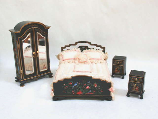 Rosemarie Torre Chinoiserie Bedroom Furniture: Stunning four-piece hand-painted bedroom suite comprising a beautifully decorated bed 6" L, 5" W with pair of matching nightstands and delightful decorated armoire 6.5" H with beveled mirrored doors t