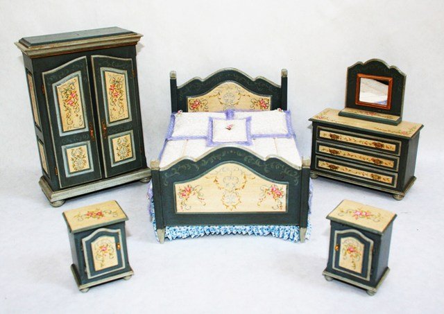 Rosemarie Torre Floral Bedroom Suite: Charming five-piece bedroom suite featuring truly dreamy hand painted bed 7"L, 5.5" W with matching pair of nightstands, mirrored chest of drawers and another stunning armoire with hand-painted decora