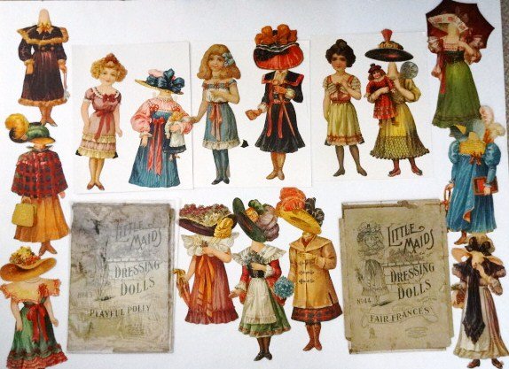 Raphael Tuck Little Maids Series: Vintage paper dolls: Little Maids Series of New Dressing Dolls. Three 13" dolls: #42 Serene Sybil with four dresses and four 4 hats, #43 Playful Polly with box as-is and four dresses, three hats, #44 