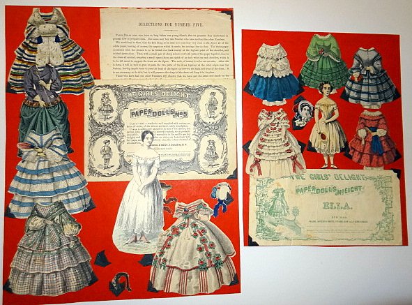 Three Clark, Austin & Smith Paper Dolls: Vintage paper dolls: Ella 4.5" with six dresses and original envelope; Clara 6" with five dresses, three headpieces, and original envelope; a boy 4" with five outfits.