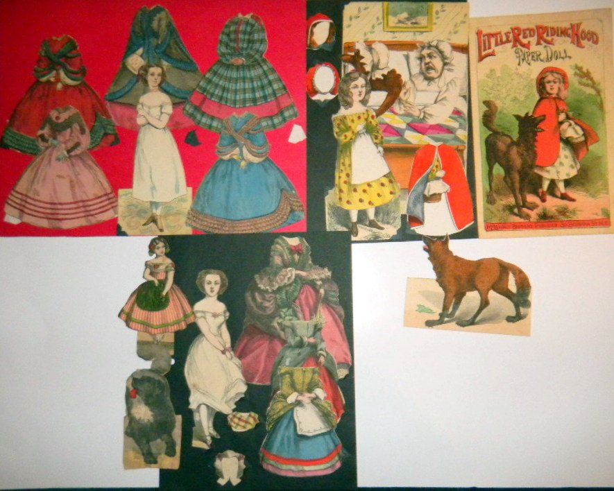 Three Early Paper Dolls: Jessie Jones 7" with four dresses, Goody Two Shoes 8" with three dresses, one dog, Little Red Riding Hood 7" Bed, Wolf and Grandma, two hats.