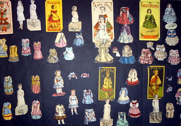 Nine McLoughlin Sets: Baby 4" with three dresses, two hats, Jane 4 1/2" with four dresses, Paul 4 1/2" four outfits, two hats, Stella 4 1/2" four dresses, with original folder, Anna doll, 5" , four outfits, one hat, origin