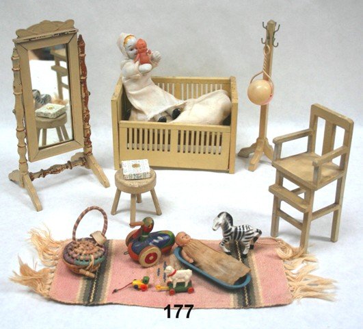 Vintage Nursery Furniture: Cute unmarked painted nursery furniture including a crib with slide-down side 3.5" H, 5.25" L, 3" D, a Schneegass cheval mirror 7" H (paint flaking), highchair, stool and wonderful painted coat rack, 
