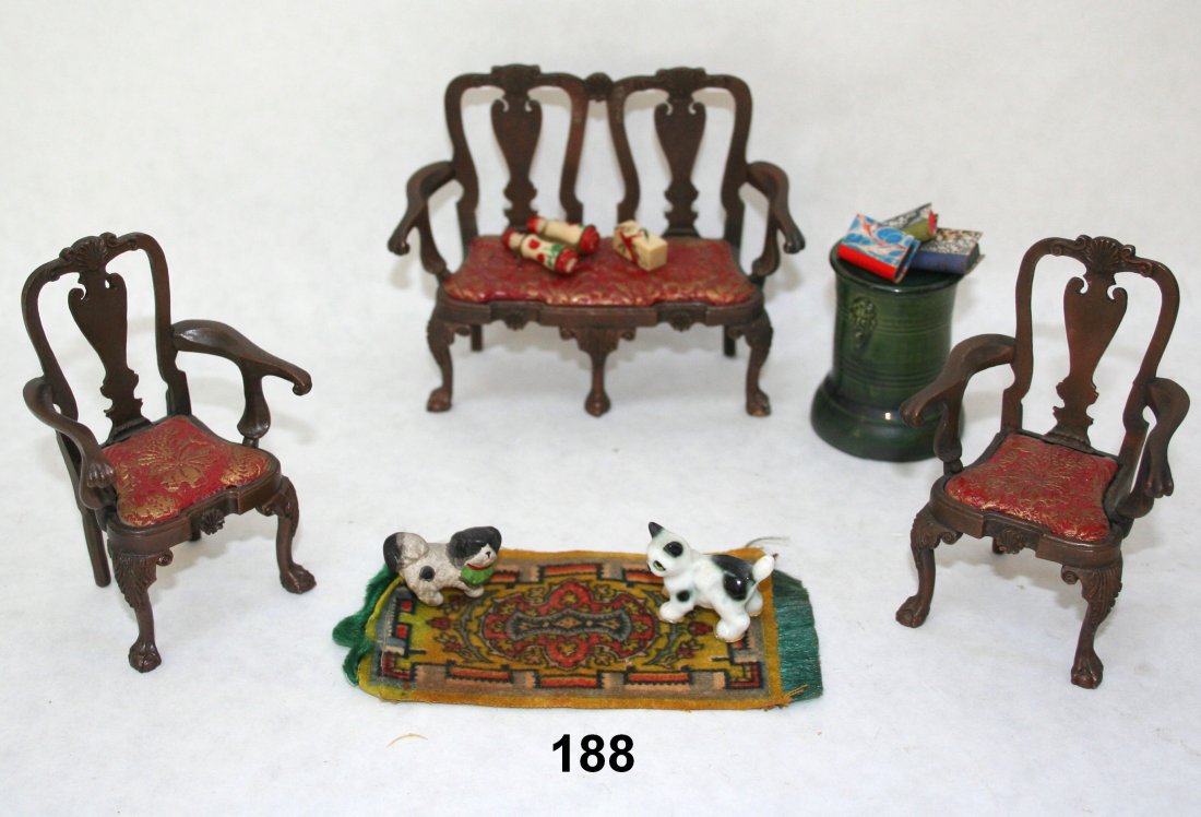 Scottish Metal Seating: Masterpiece Miniatures Queen Anne settee 3.5" H, 4.5" L with two matching chairs, cast in heavy pewter and hand-finished with brocade-patterned seats, and some accessories including ivory Stanhope and