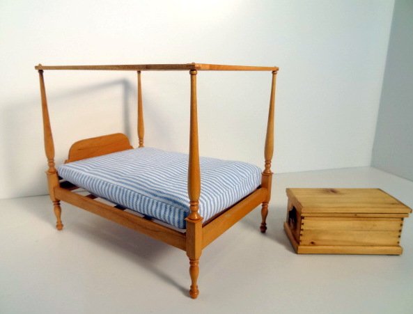 Warren Dick Four-poster Bed: Handsome maple canopy bed with ticking mattress 6.5" H, 7.5" L, 5" W with a Bill Fifer dovetailed captain's chest made at Castine in 1993.