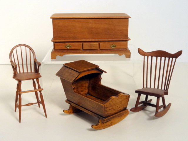 Pat Fifer Blanket Chest: Walnut blanket chest 2" H, 3.75" L (one drawer pull missing), William Clinger highchair, Windsor rocker signed CLA, and an X-acto cradle.