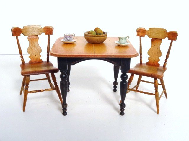 Cindy Malon Table and Chairs: Farmhouse table 2.5" H, 3" W and D, and a pair of plank seat farm chairs, all signed by the artist.