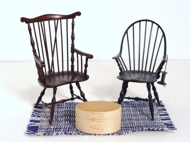 Pierre Wallack Windsor Chairs: A braced-back Windsor chair 3.75" H and a hoop back Windsor with painted finish, both signed by Pierre Wallack, with an unpainted pantry box.