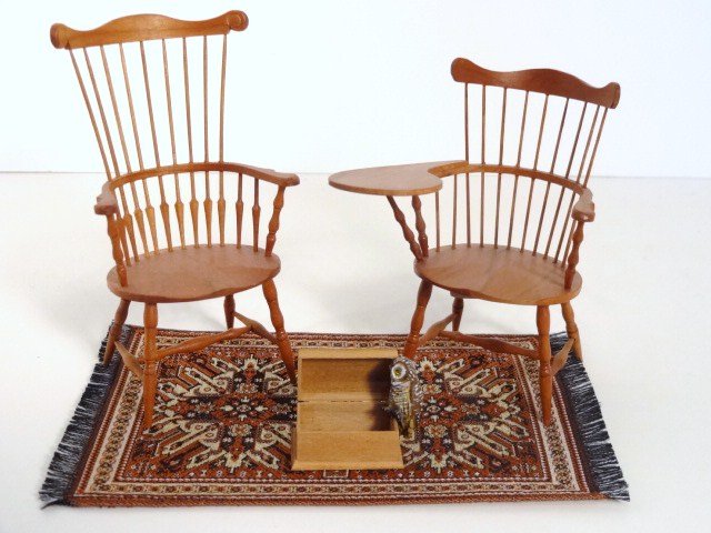 William Clinger Windsor Chairs: Clinger comb-back chair 4" H, similar chair with writing arm, Al Chandronnait hinged dome lid box containing a hand-painted owl.