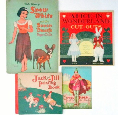 Four Fairytail Paper Doll Books: Pied Piper Cut out Story Book, Jack and Jill Painting Book, by Saalfield ( 1915), Alice in Wonderland d Cut-outs, by Rachel Taft Dixon, used by Permission of Paramount Productions, Inc. No.993,Walt Di