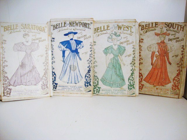 Raphael Tuck & Sons Paper Dolls: Bell of the West Blonde and Brunette Series of Dressing Dolls . With Envelope, Doll 9", four dresses , Bell of Newport, with envelope, four dresses and one hat, Belle of Saratoga with envelope, four d