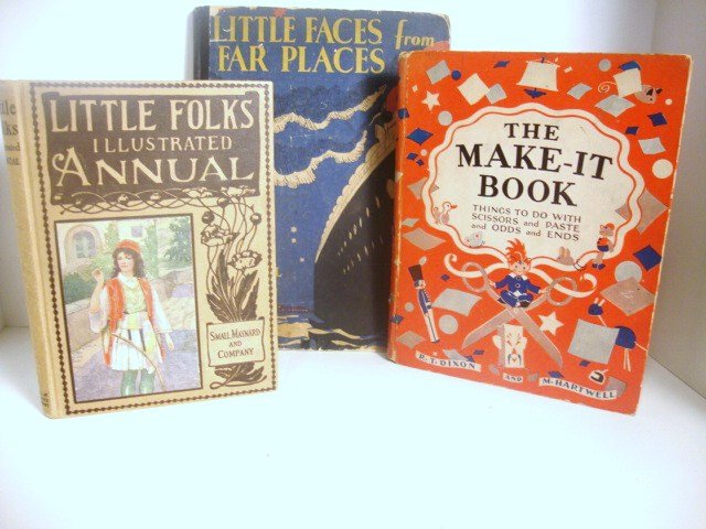 Three Paper Doll Cut-out Books: Little Folks Illustrated Annual, Small Maynard and Company, The Make-it Book, R.T. Dixon and M. Hartwell 1928, Little Faces from Far Places 1933, Grosset & Dunlap 1933
