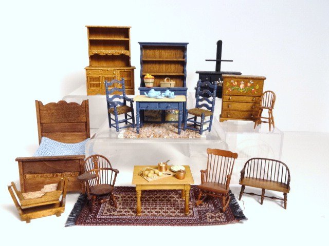 Half-inch Scale Country Furniture: Some signed B. Godfrey, Windsors by William Clinger, some rugs and other accessories. Hutch 3" H. the Windsor chairs are 1 3/4", 1 5/8"