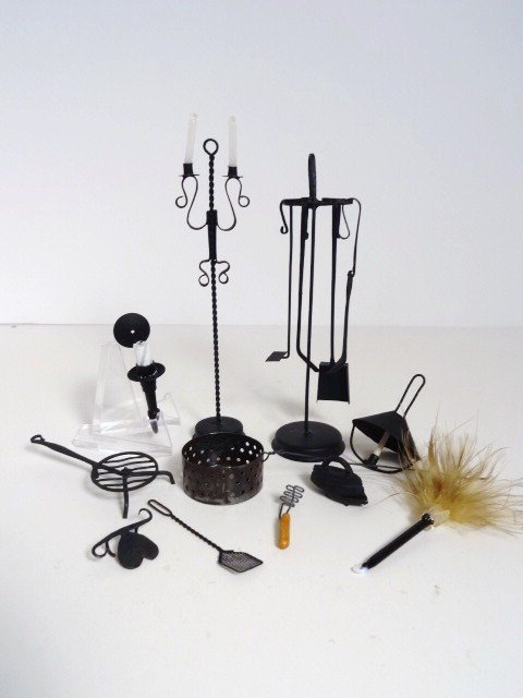 Artisan Tinware: Nice group of wrought metal fireplace and lighting implements including a fancy candle stand 4.5" H, tool holder, sconces, etc. Also some candles.